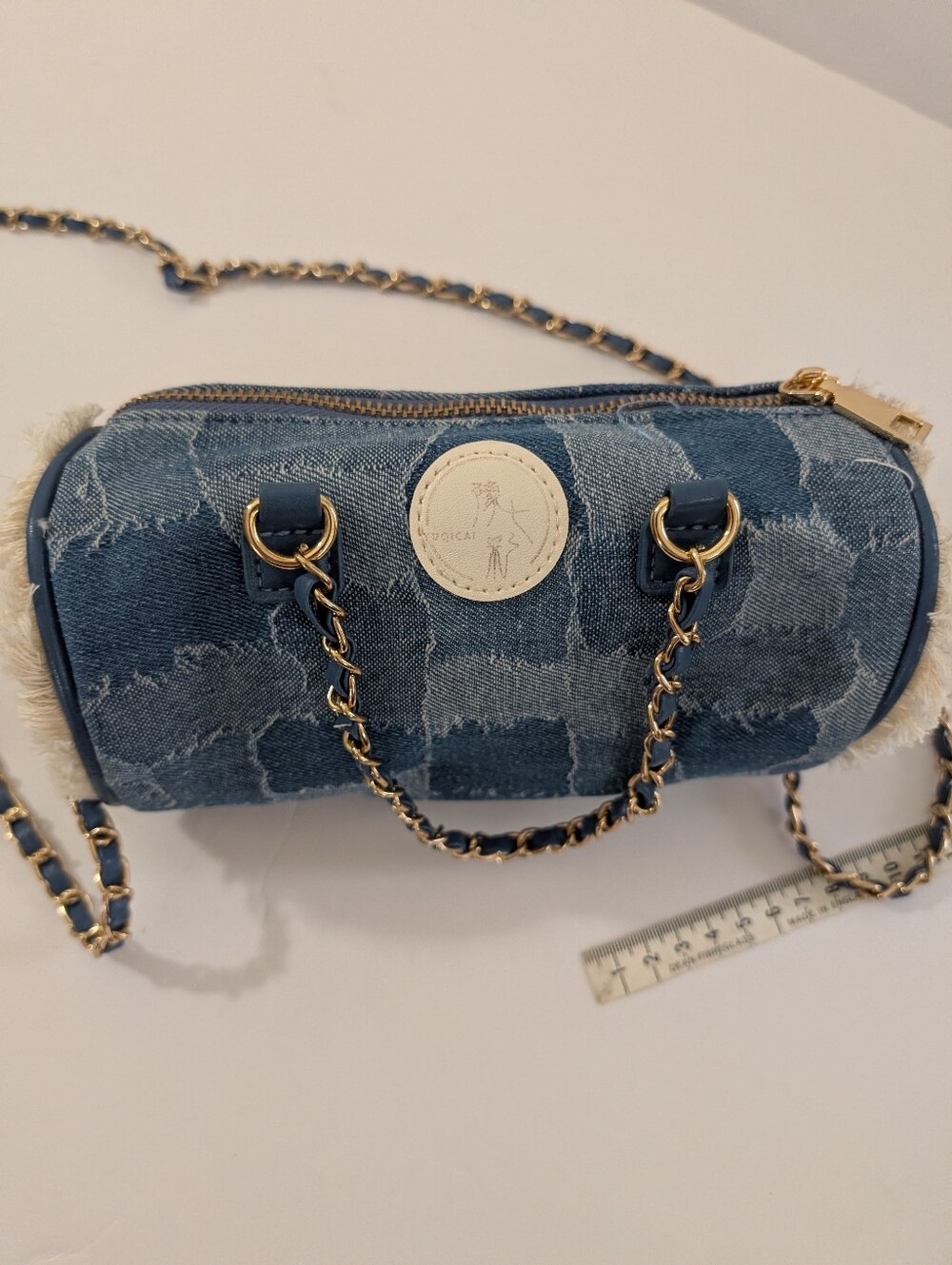Denim Barrel Chain Shoulder Bag - Blue